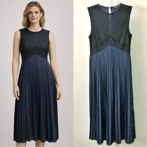 ZARA Pleated & Lace Romantic Elegant Navy Sleeveless Midi Dress. XS